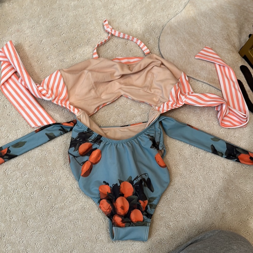 Albion Fit Two tone orange striped cutout halter bathing suit - Picture 2 of 3